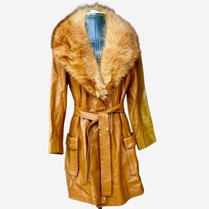 Vintage 1970s PENNY LANE Leather Trench Coat / Jacket Faux Fur Trim Tailor made